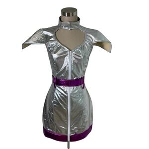 Women's Silver Metallic Space Girl Costume Dress Purple Trim Front Zip
Small